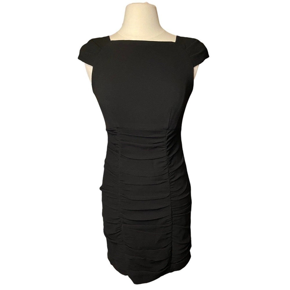 Nanette Lepore Little Black Dress Ruched Above Knee Crepe Cap Sleeve Size 4